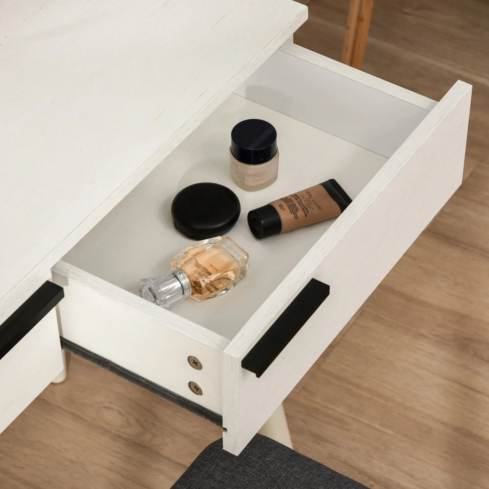 Dressing Table Vanity Set Makeup Desk with Round Mirror Cushioned Stool 2 Drawers for Bedroom Jewelry Storage Set, White Make Up &