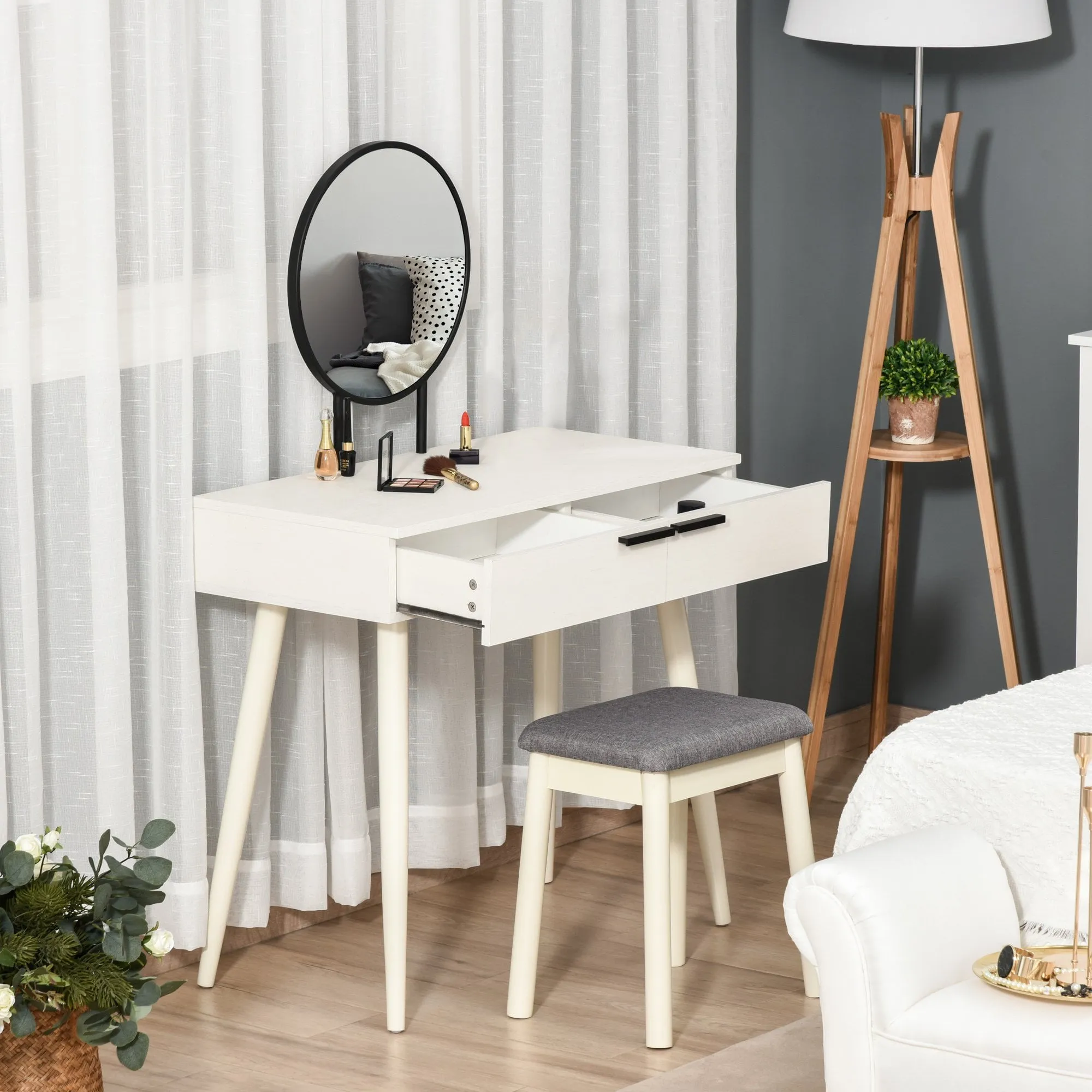 Dressing Table Vanity Set Makeup Desk with Round Mirror Cushioned Stool 2 Drawers for Bedroom Jewelry Storage Set, White Make Up &