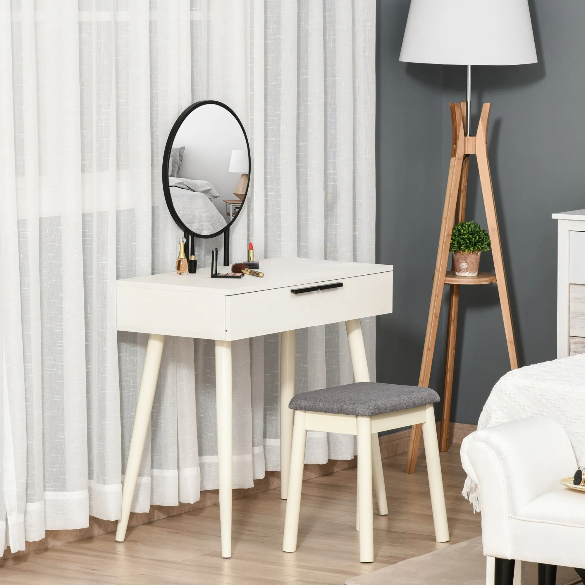 Dressing Table Vanity Set Makeup Desk with Round Mirror Cushioned Stool 2 Drawers for Bedroom Jewelry Storage Set, White Make Up &
