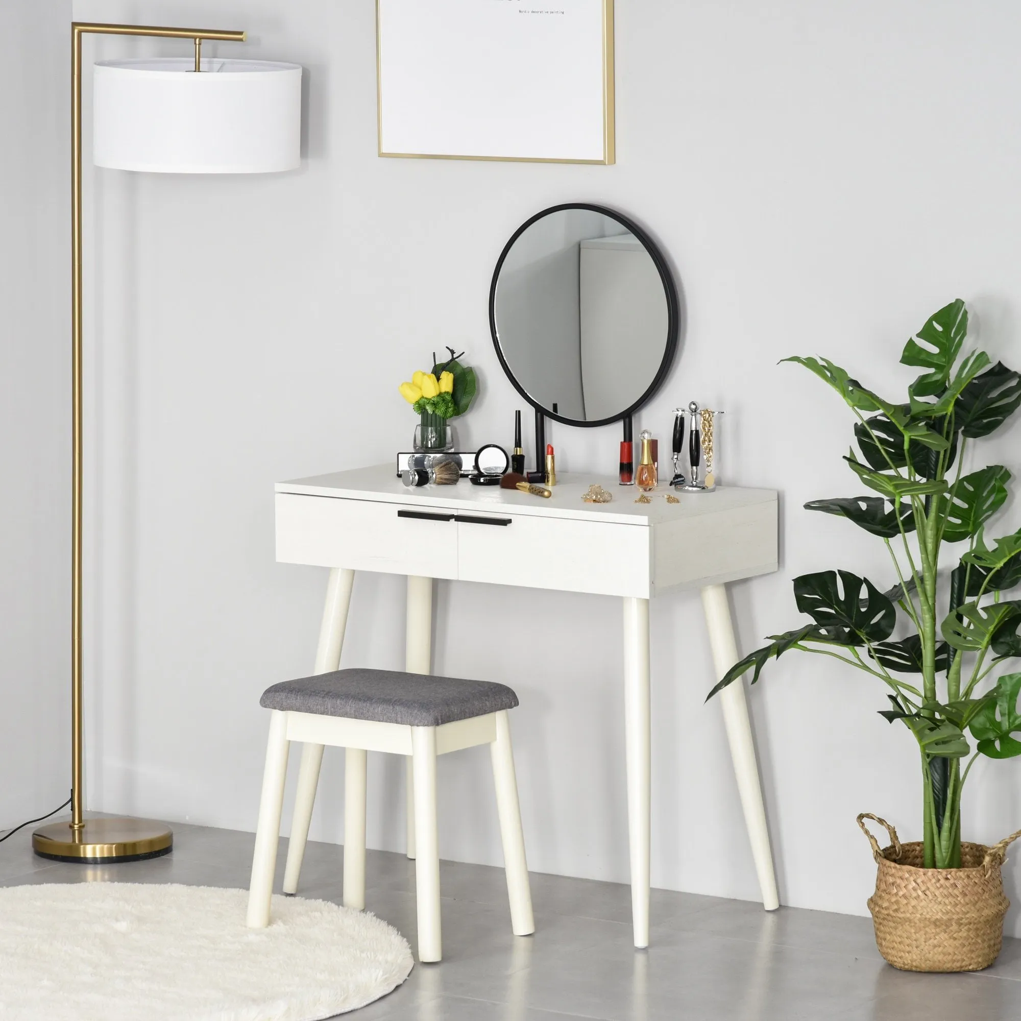 Dressing Table Vanity Set Makeup Desk with Round Mirror Cushioned Stool 2 Drawers for Bedroom Jewelry Storage Set, White Make Up &