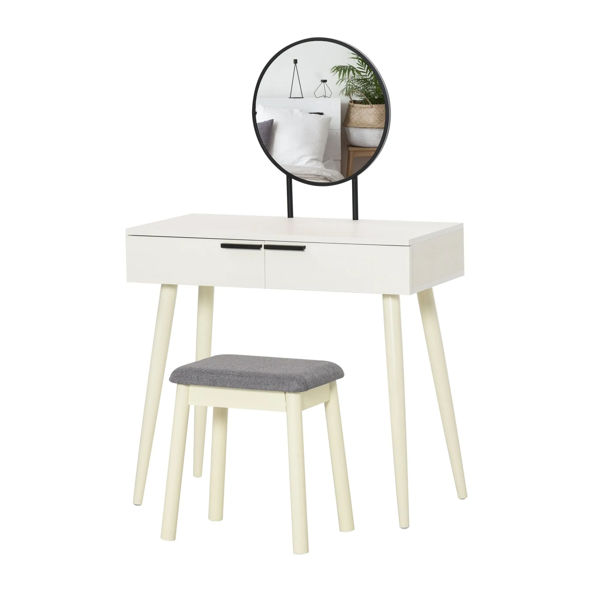 Dressing Table Vanity Set Makeup Desk with Round Mirror Cushioned Stool 2 Drawers for Bedroom Jewelry Storage Set, White Make Up &
