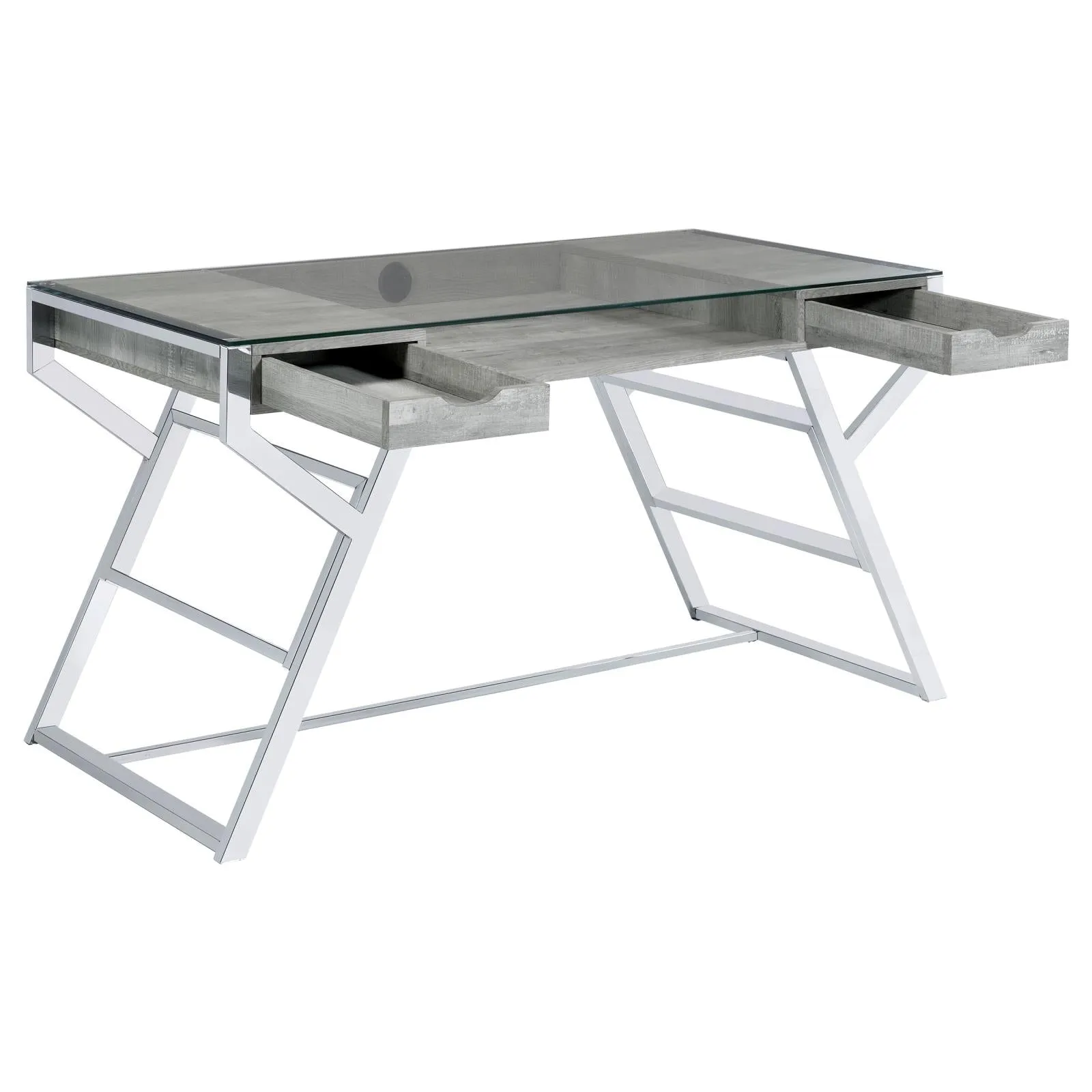 Emelle Gray Driftwood/Chrome 2-Drawer Glass Top Writing Desk