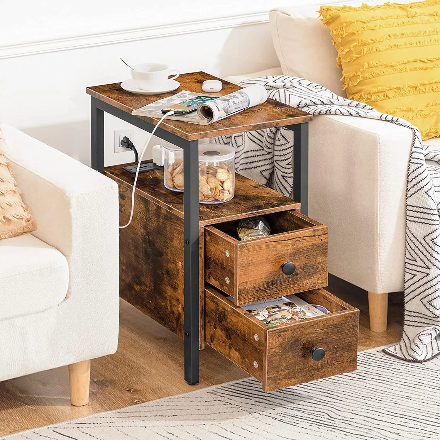 End Table, Narrow Side Table with 2 Drawers, USB Ports & Power Outlets