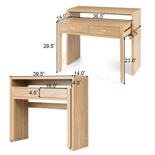 Extendable Computer Desk with Pull Out Secondary Desk-Natural