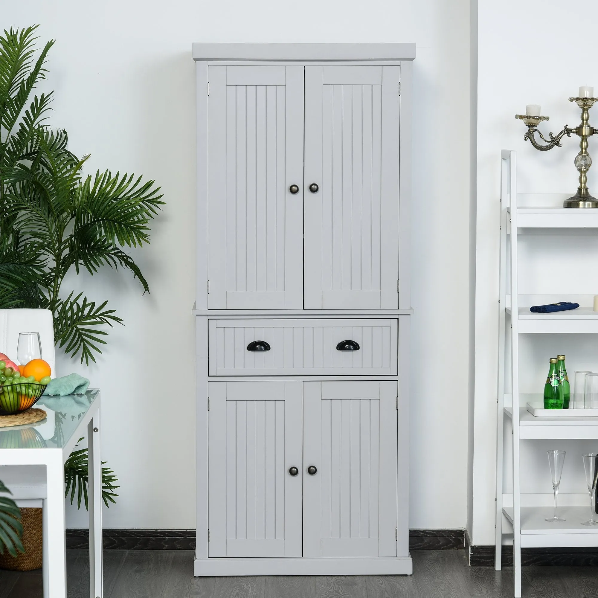 Freestanding Kitchen Storage Cabinet w/ 2 Drawers 2 Cupboards Adjustable Shelves Anti-Tilt Safety Elegant Traditional Design, 183H x 76.2W x 40.2Dcm, Grey