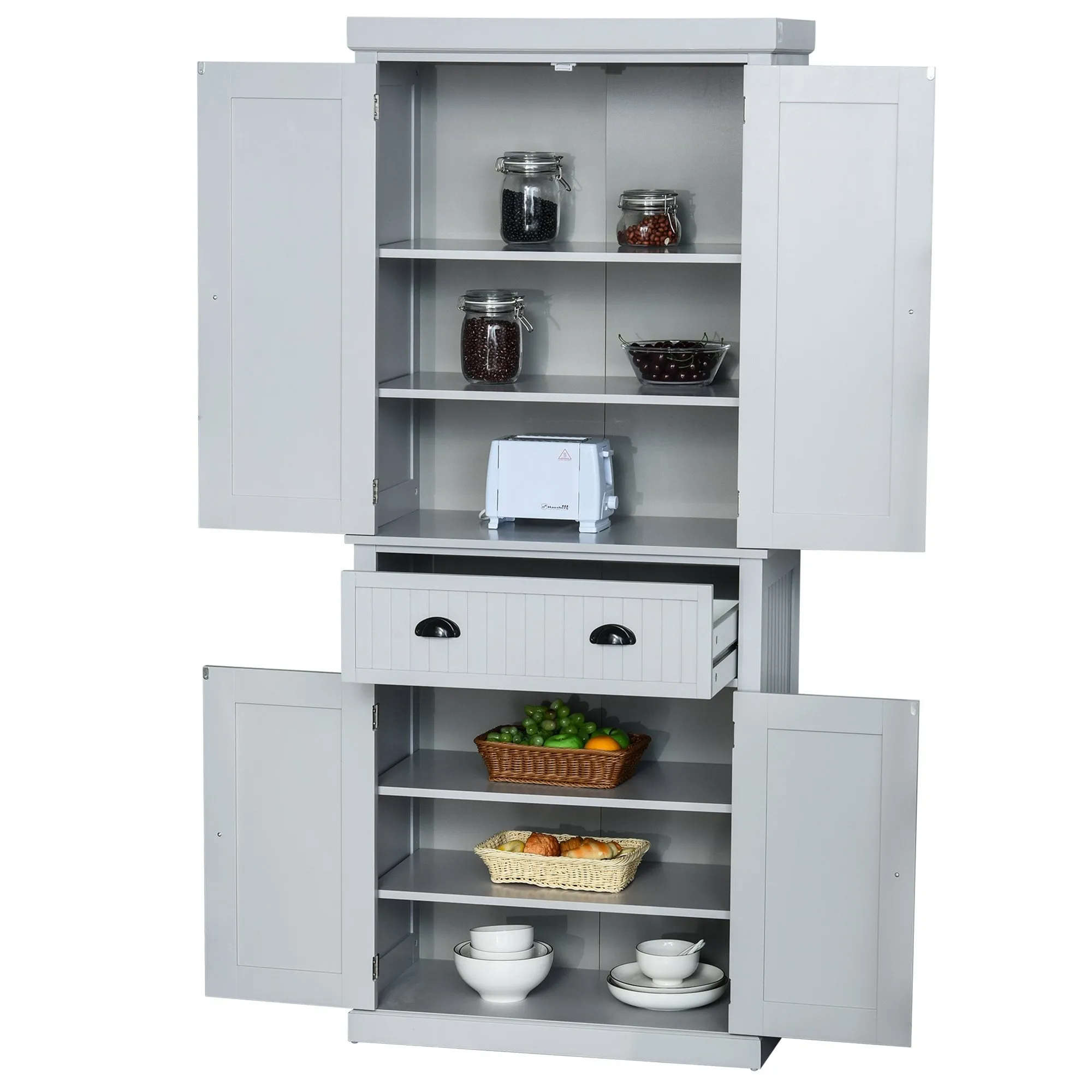 Freestanding Kitchen Storage Cabinet w/ 2 Drawers 2 Cupboards Adjustable Shelves Anti-Tilt Safety Elegant Traditional Design, 183H x 76.2W x 40.2Dcm, Grey