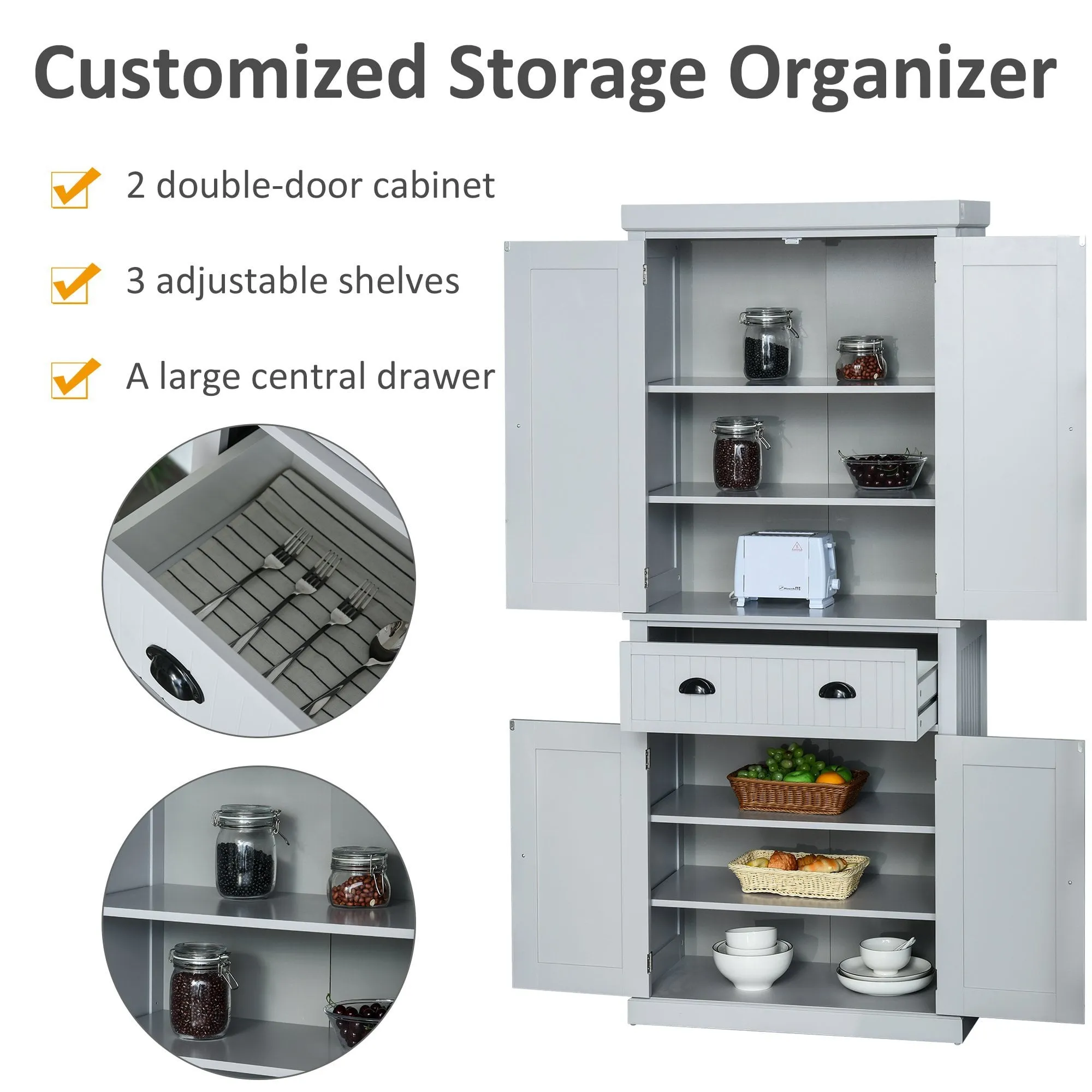 Freestanding Kitchen Storage Cabinet w/ 2 Drawers 2 Cupboards Adjustable Shelves Anti-Tilt Safety Elegant Traditional Design, 183H x 76.2W x 40.2Dcm, Grey