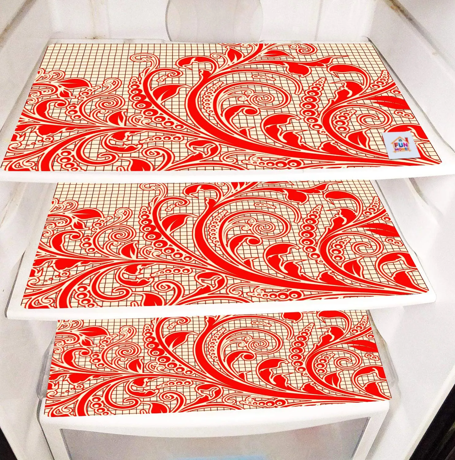 Fun Homes Leaf Design 3 Pieces PVC Fridge Mats,2 Piece Handle Cover and 1 Piece Fridge Top Cover (Gold & Red), Standard (Fun0170)
