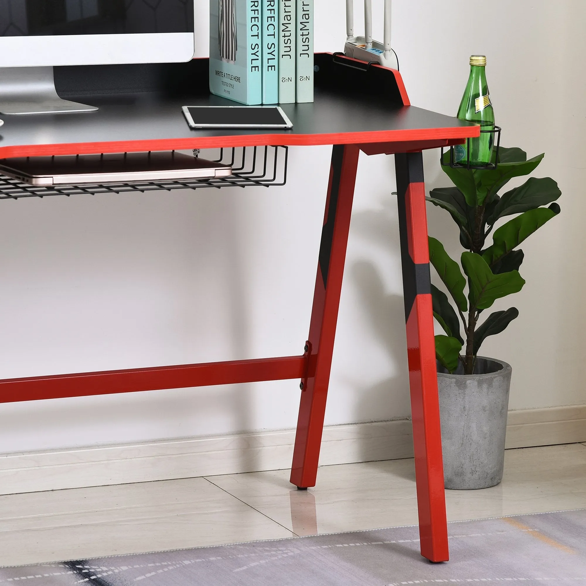 Gaming Desk Computer Table Stable Steel Frame with Cup Holder Headphone Hook, Cable Basket - Black