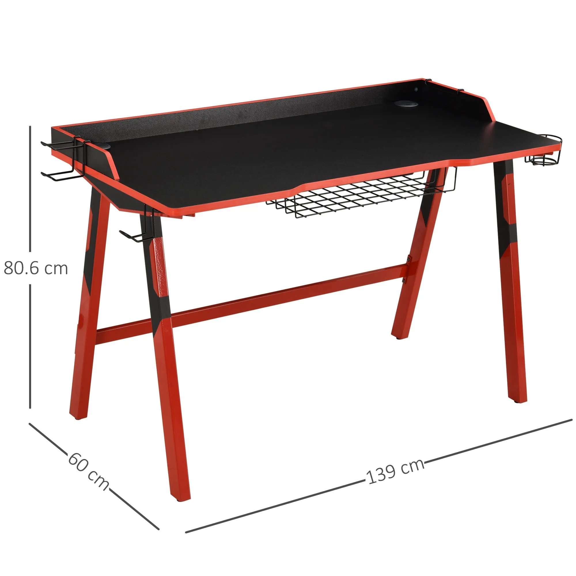 Gaming Desk Computer Table Stable Steel Frame with Cup Holder Headphone Hook, Cable Basket - Black