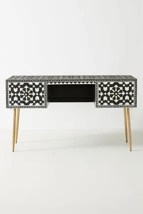 Handmade Bone Inlay Moroccan Design Work Table in Black Color | Laptop Desk