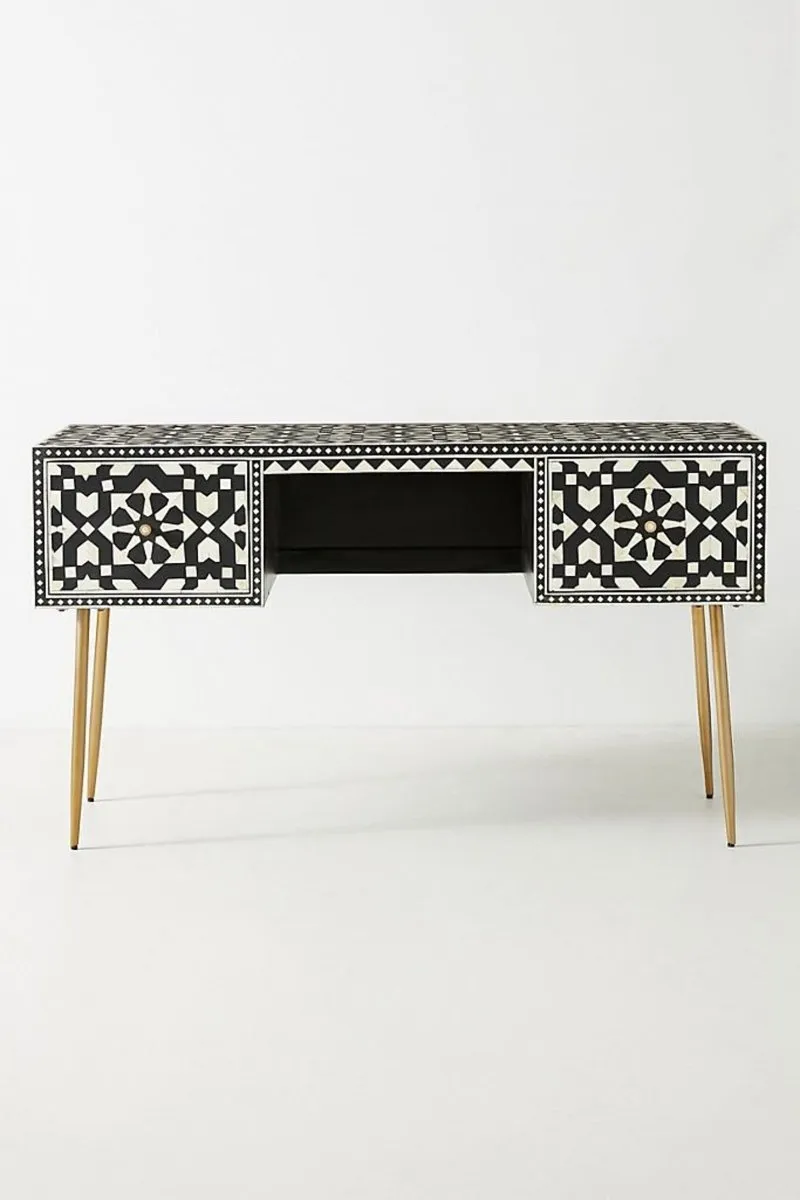 Handmade Bone Inlay Moroccan Design Work Table in Black Color | Laptop Desk
