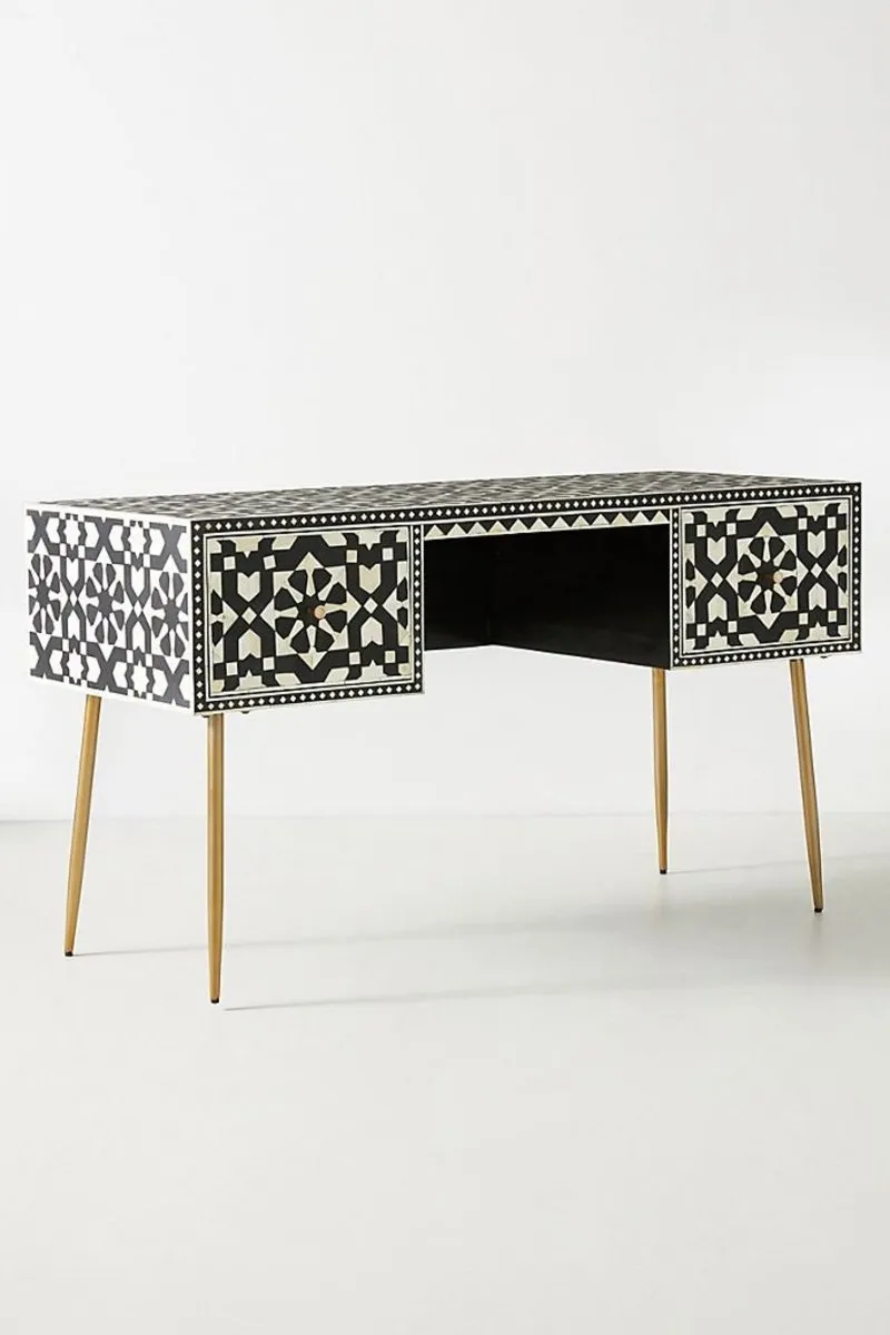 Handmade Bone Inlay Moroccan Design Work Table in Black Color | Laptop Desk