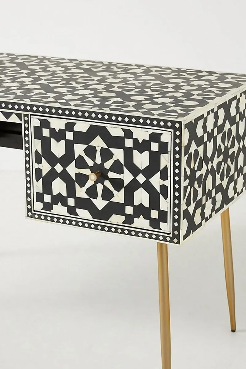 Handmade Bone Inlay Moroccan Design Work Table in Black Color | Laptop Desk