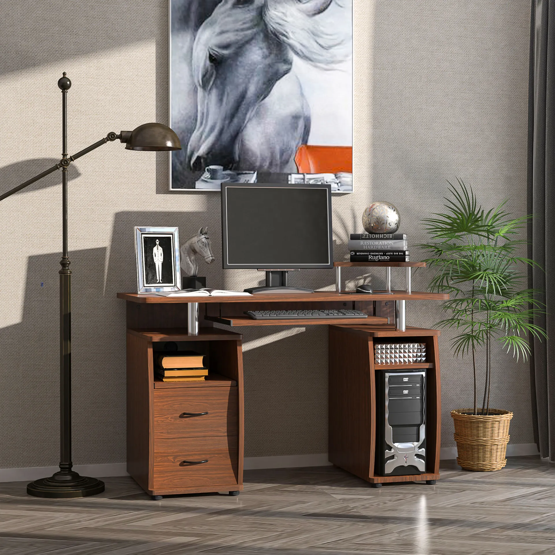 HOMCOM Computer Desk Office PC Table Workstation with Keyboard Tray, CPU Shelf & Drawers, Brown