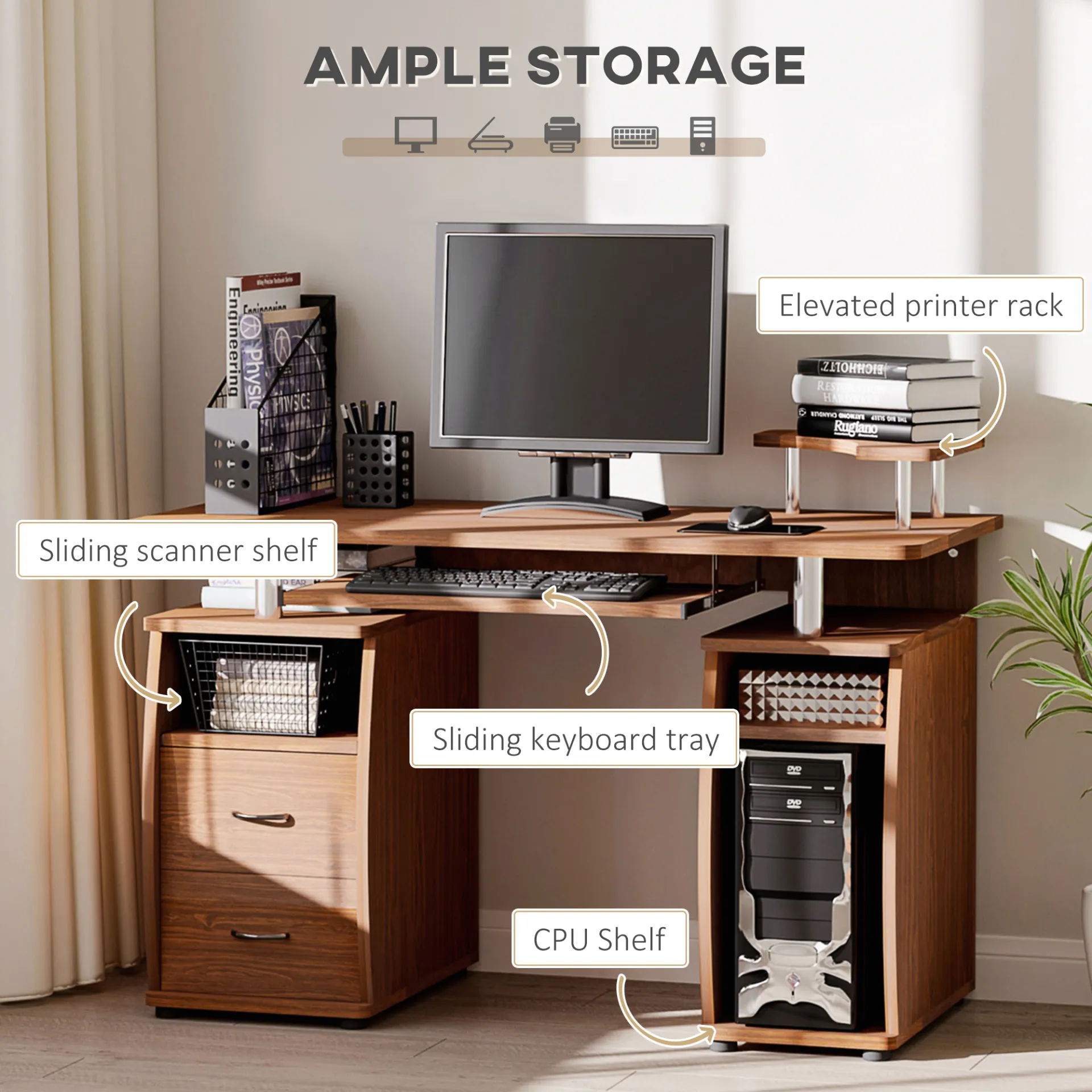 HOMCOM Computer Desk Office PC Table Workstation with Keyboard Tray, CPU Shelf & Drawers, Brown