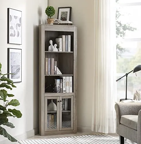 Home Source Stone Grey Bar Cabinet Bookshelf with Glass Doors