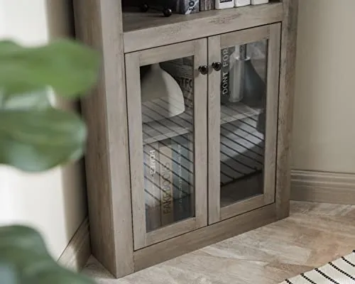 Home Source Stone Grey Bar Cabinet Bookshelf with Glass Doors