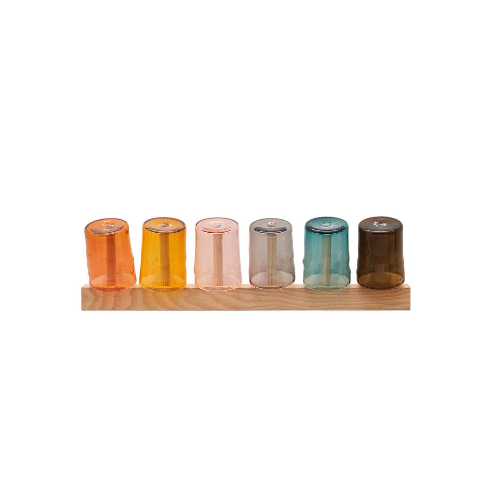 Horizon 6 Natural: Set of 6 Handblown Coloured Tumblers with Wall-Mounted Ashwood Rack by Sebastian Cox