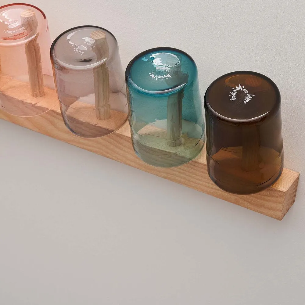 Horizon 6 Natural: Set of 6 Handblown Coloured Tumblers with Wall-Mounted Ashwood Rack by Sebastian Cox