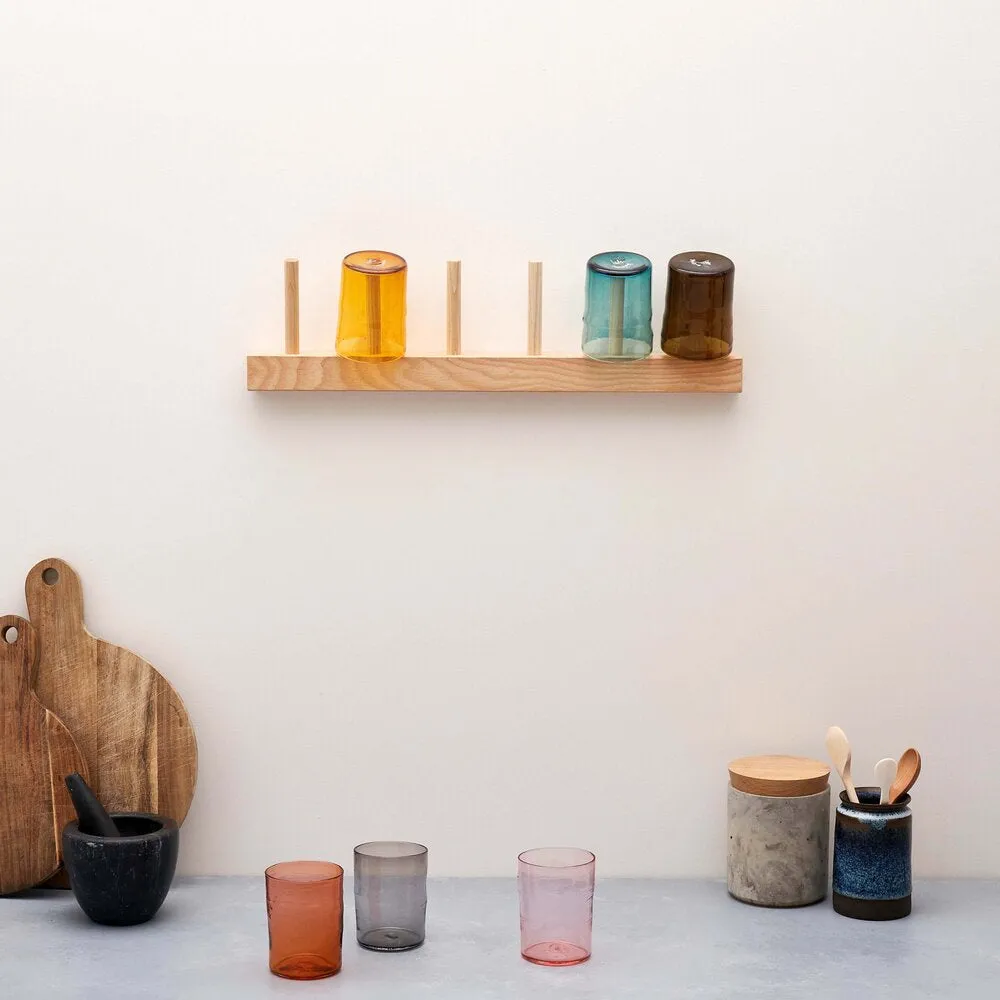 Horizon 6 Natural: Set of 6 Handblown Coloured Tumblers with Wall-Mounted Ashwood Rack by Sebastian Cox