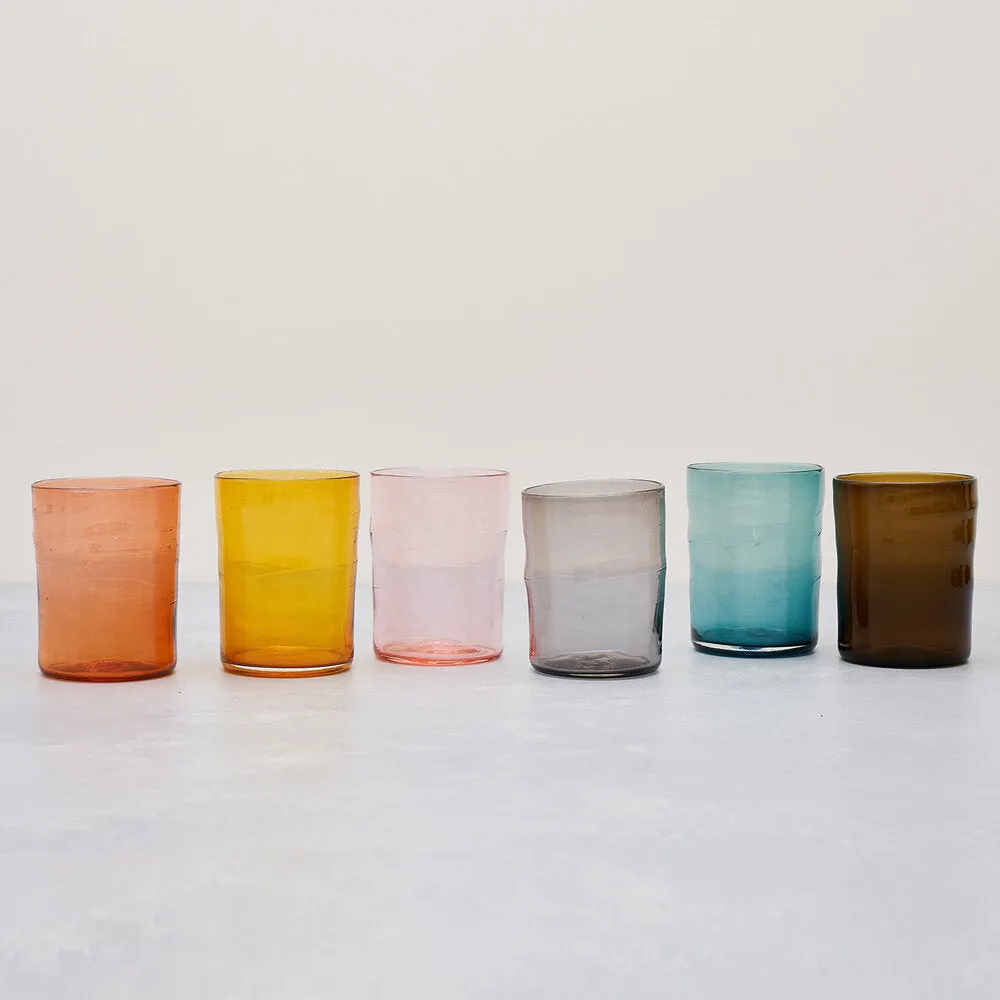 Horizon 6 Natural: Set of 6 Handblown Coloured Tumblers with Wall-Mounted Ashwood Rack by Sebastian Cox