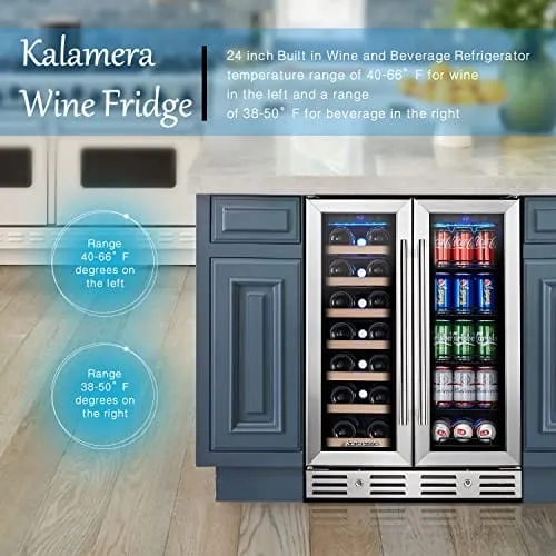 Kalamera Wine Fridge, 24 inch Built in Wine and Beverage Refrigerator, Dual Zone w/ 20 Bottles and 78 Cans Capacity, Digital Touch Control
