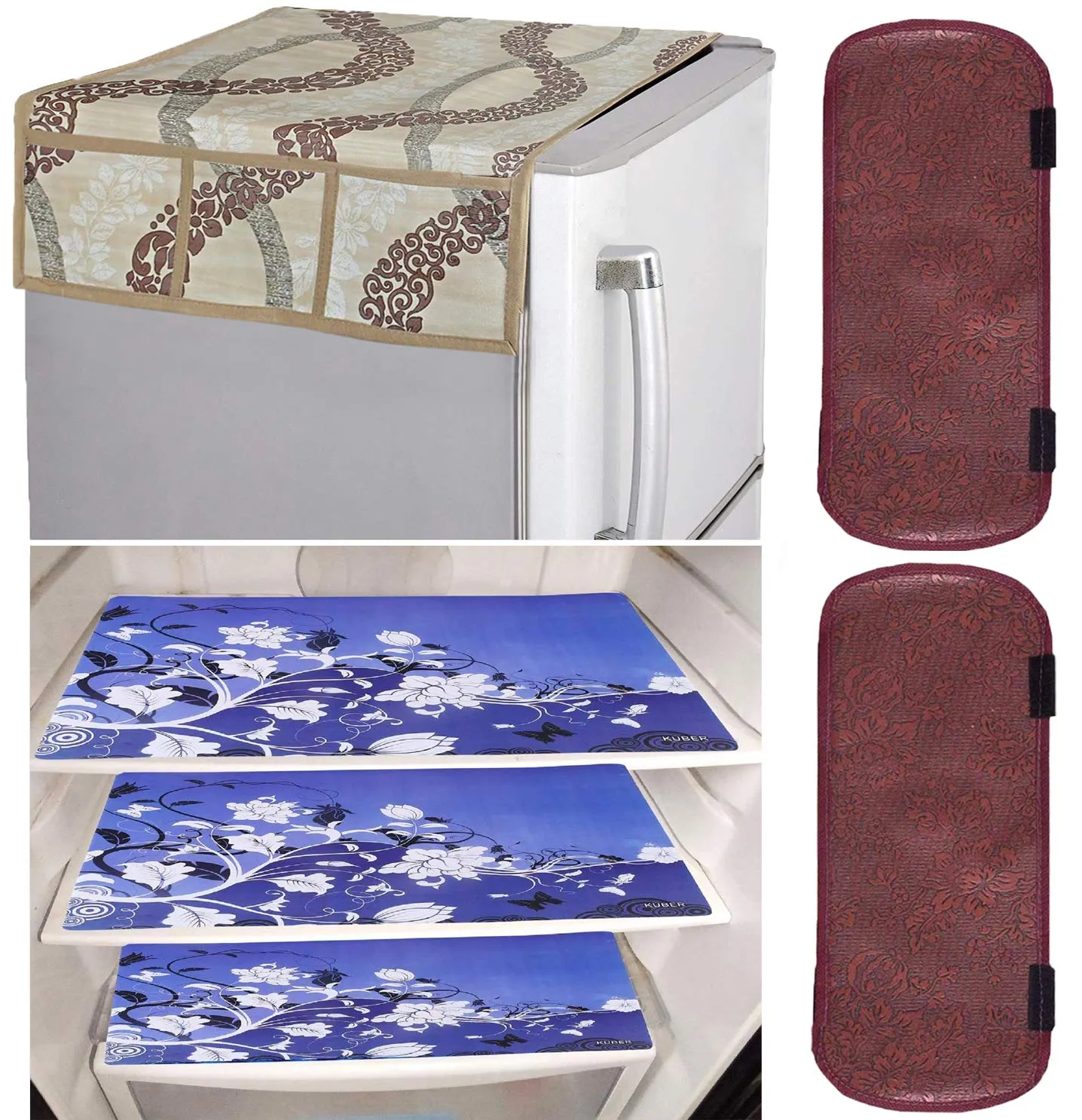 Kuber Industries PVC 3 Pieces Fridge Mats, 2 Piece Handle Cover and 1 Piece Fridge Top Cover (Cream)-CTKTC32892