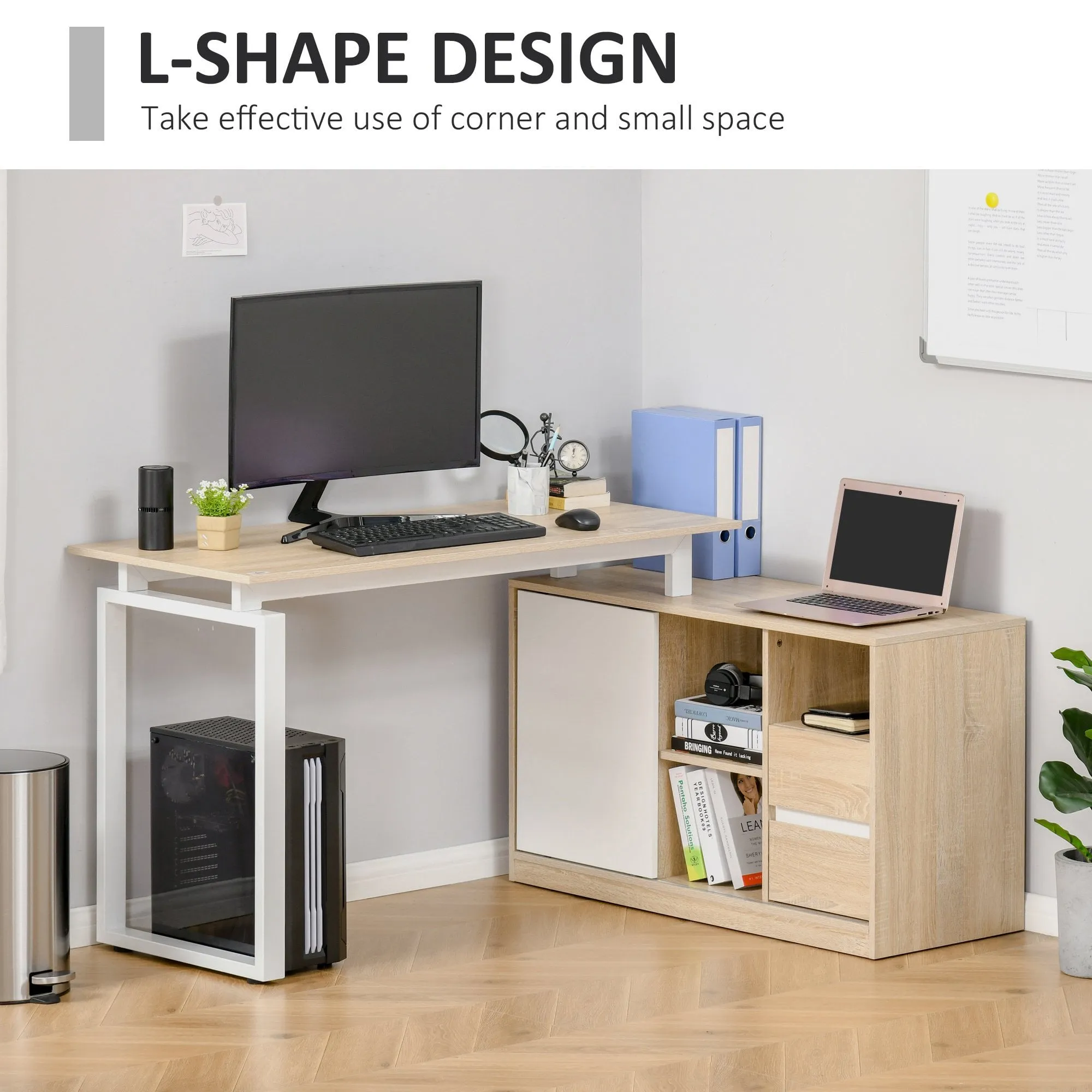 L-Shaped Home Office Writing Desk with Storage Shelf, Drawer, Corner PC Table Computer Workstation, Oak Beige White