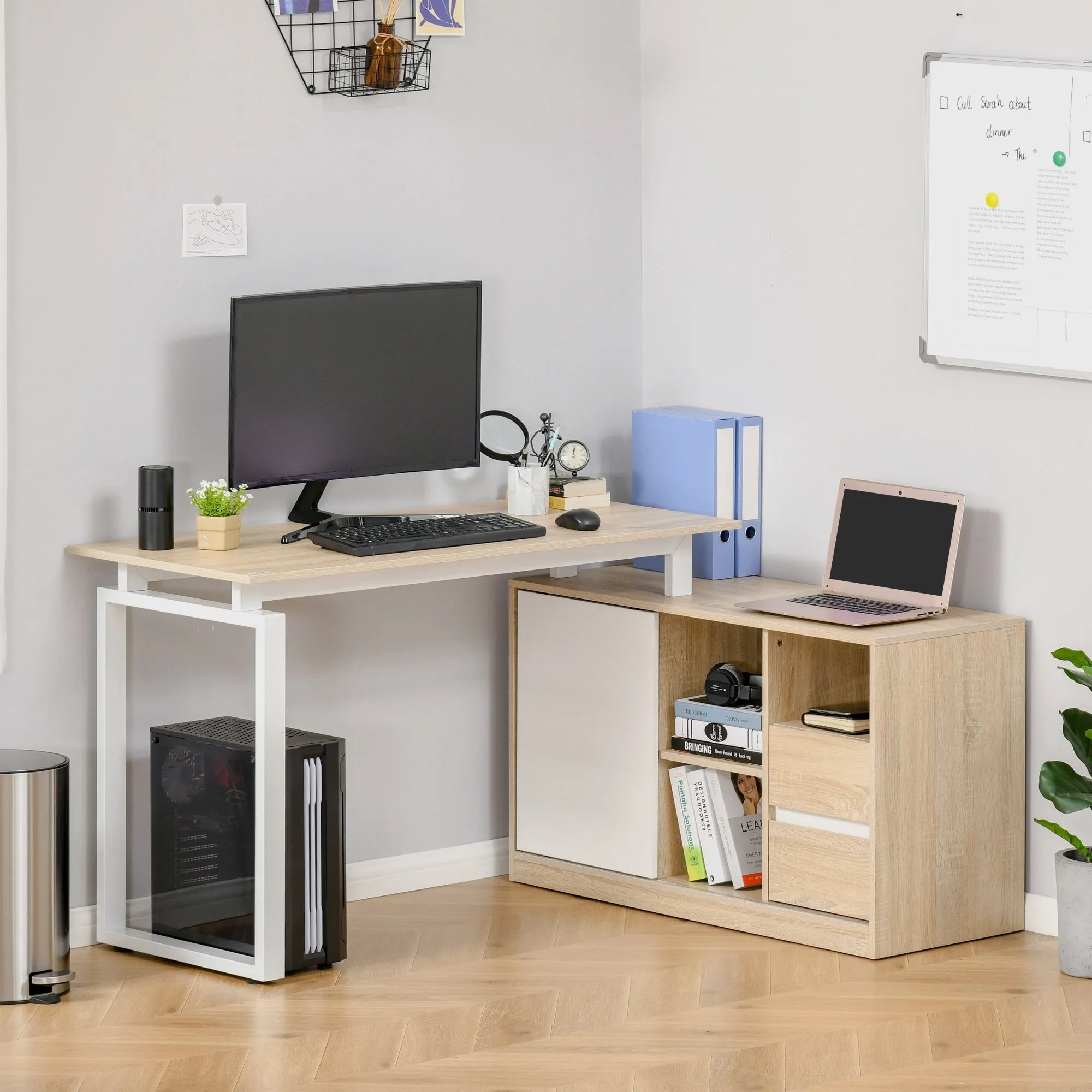 L-Shaped Home Office Writing Desk with Storage Shelf, Drawer, Corner PC Table Computer Workstation, Oak Beige White