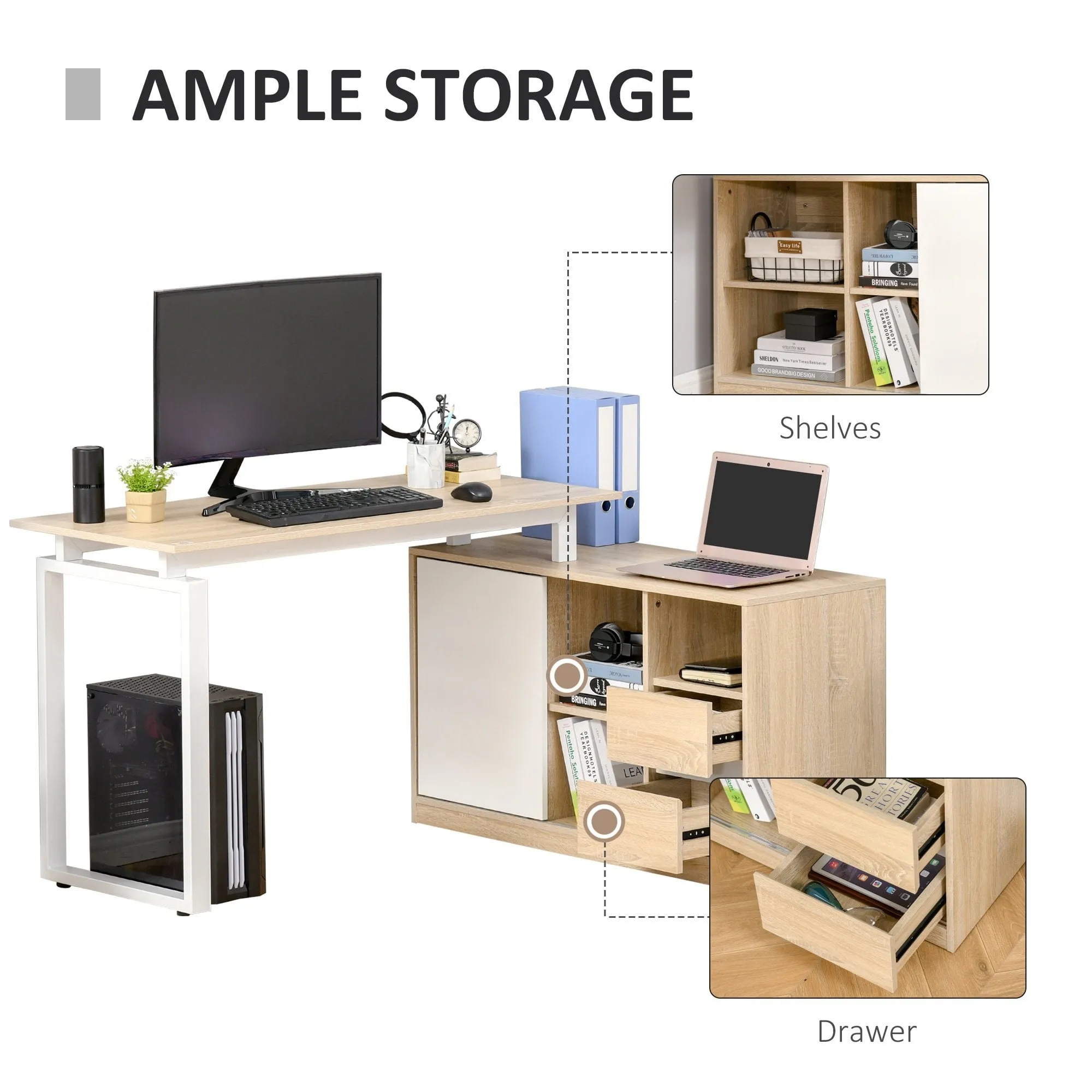 L-Shaped Home Office Writing Desk with Storage Shelf, Drawer, Corner PC Table Computer Workstation, Oak Beige White