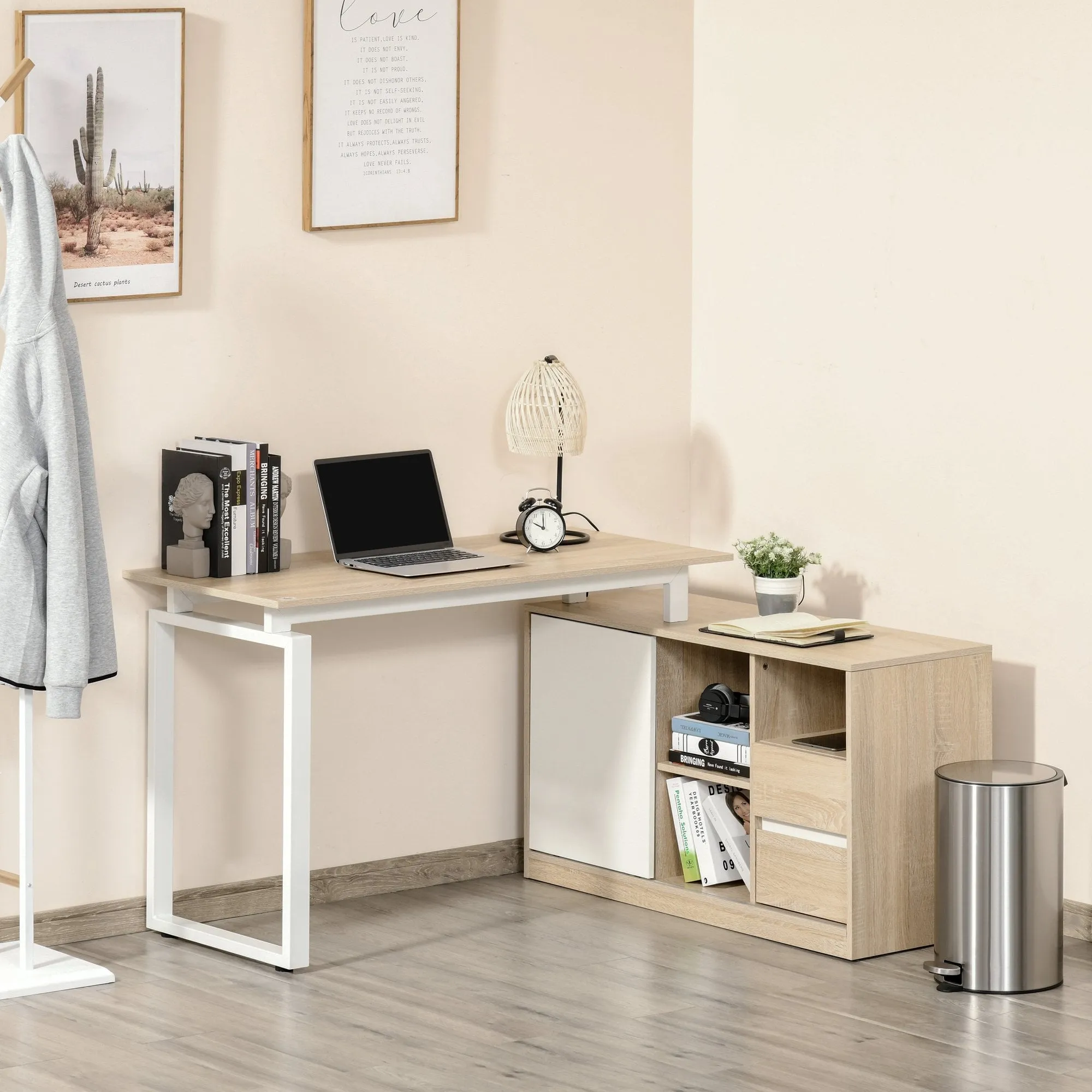 L-Shaped Home Office Writing Desk with Storage Shelf, Drawer, Corner PC Table Computer Workstation, Oak Beige White