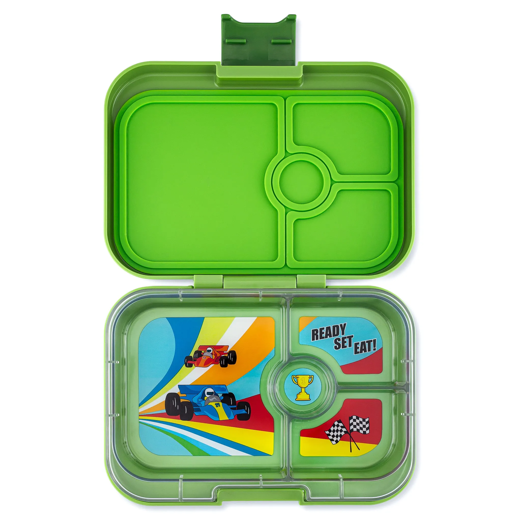 Leakproof Sandwich-Friendly Bento Box - Yumbox Matcha Green with Race Cars Tray