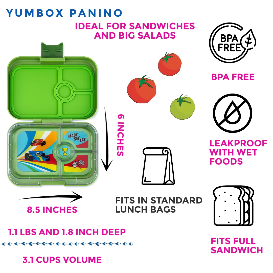 Leakproof Sandwich-Friendly Bento Box - Yumbox Matcha Green with Race Cars Tray