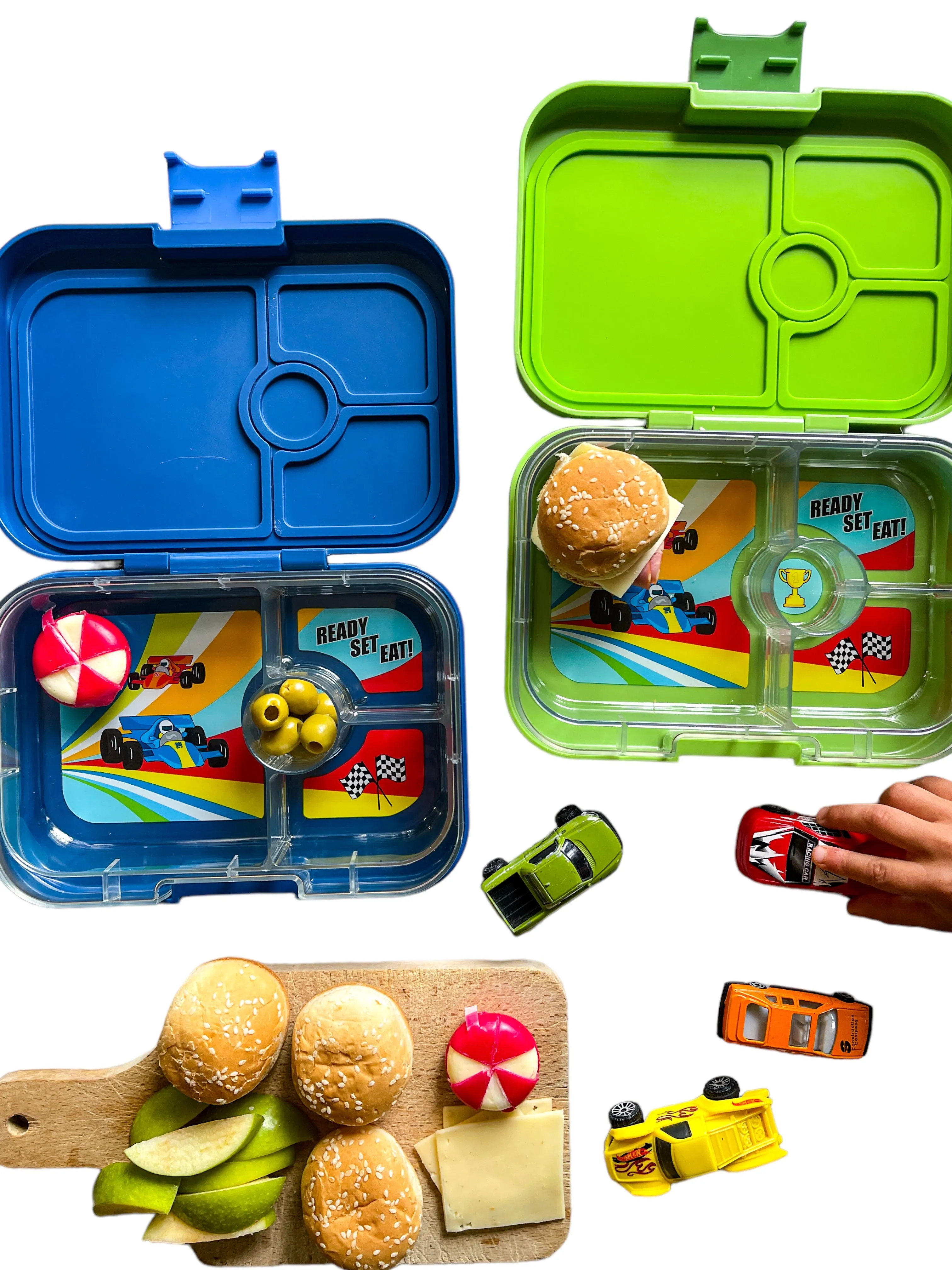 Leakproof Sandwich-Friendly Bento Box - Yumbox Matcha Green with Race Cars Tray