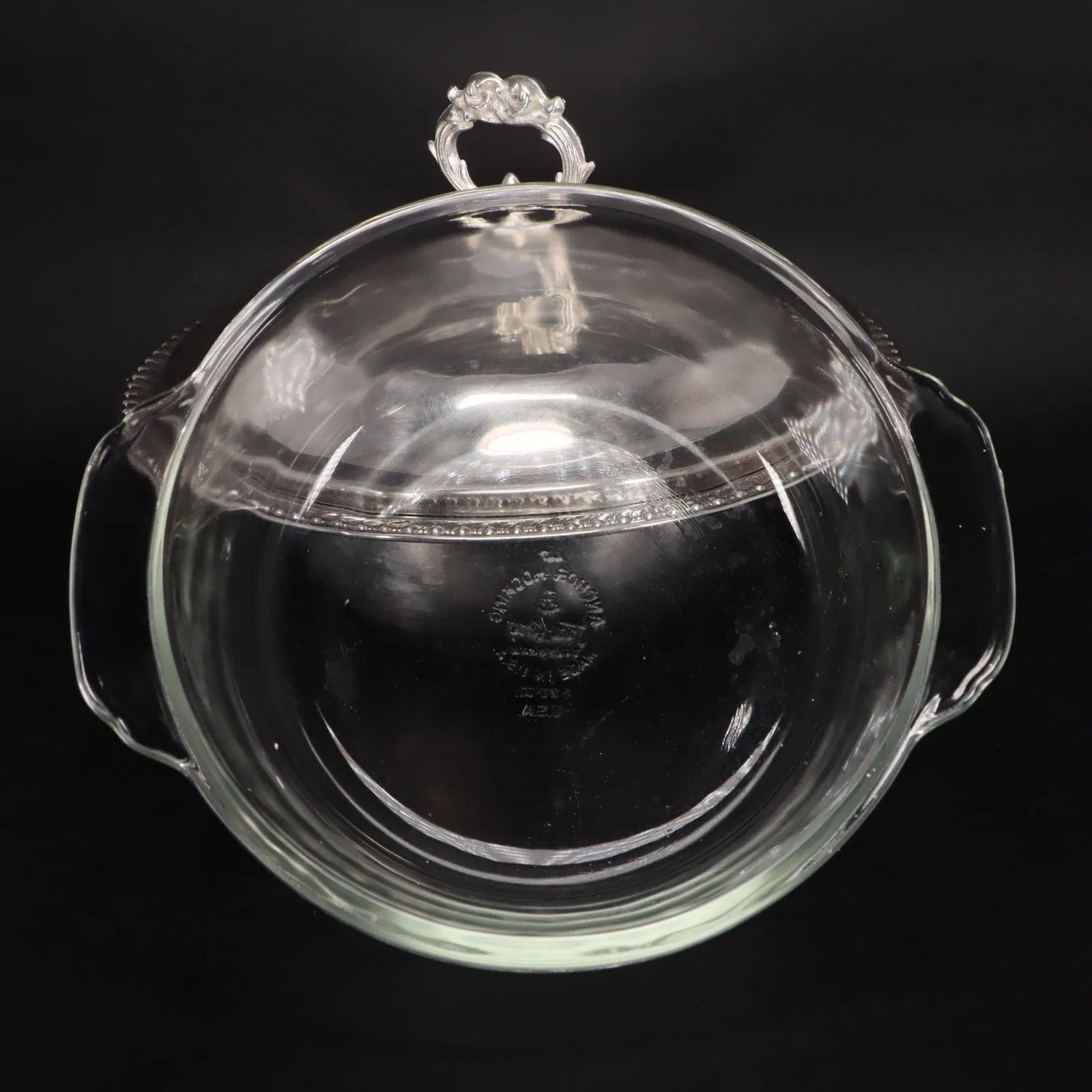 Leonard Silver Plate Round Serving Casserole Dish Fire King 1 1/2 Qt Glass Liner