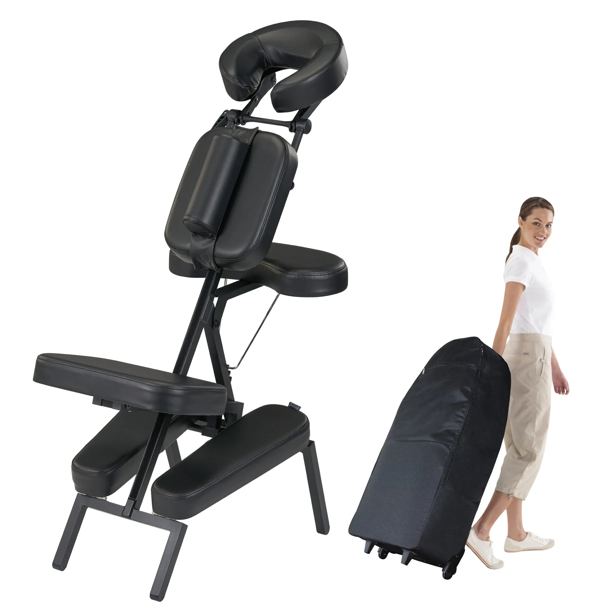 Master Massage Apollo Extra Large Size Portable Massage Chair-Lightweight Aluminum Tattoo Foldable-Sitting Posture Folding Massage Chair-with Larger Cushions and Wheels Bag-in Black