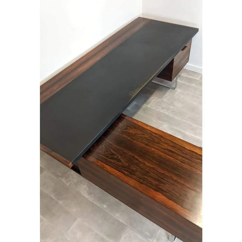 Mid Century Heal's Rosewood Desk Credenza  L Shaped Corner Executive Office Desk With Return Chrome Legs By Robert Heal 1960s