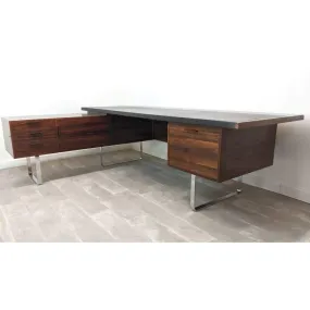 Mid Century Heal's Rosewood Desk Credenza  L Shaped Corner Executive Office Desk With Return Chrome Legs By Robert Heal 1960s