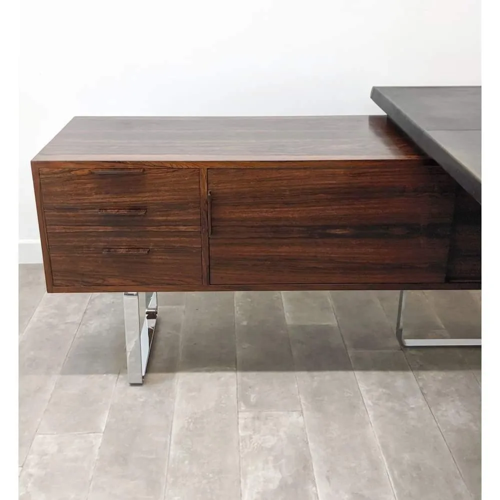 Mid Century Heal's Rosewood Desk Credenza  L Shaped Corner Executive Office Desk With Return Chrome Legs By Robert Heal 1960s