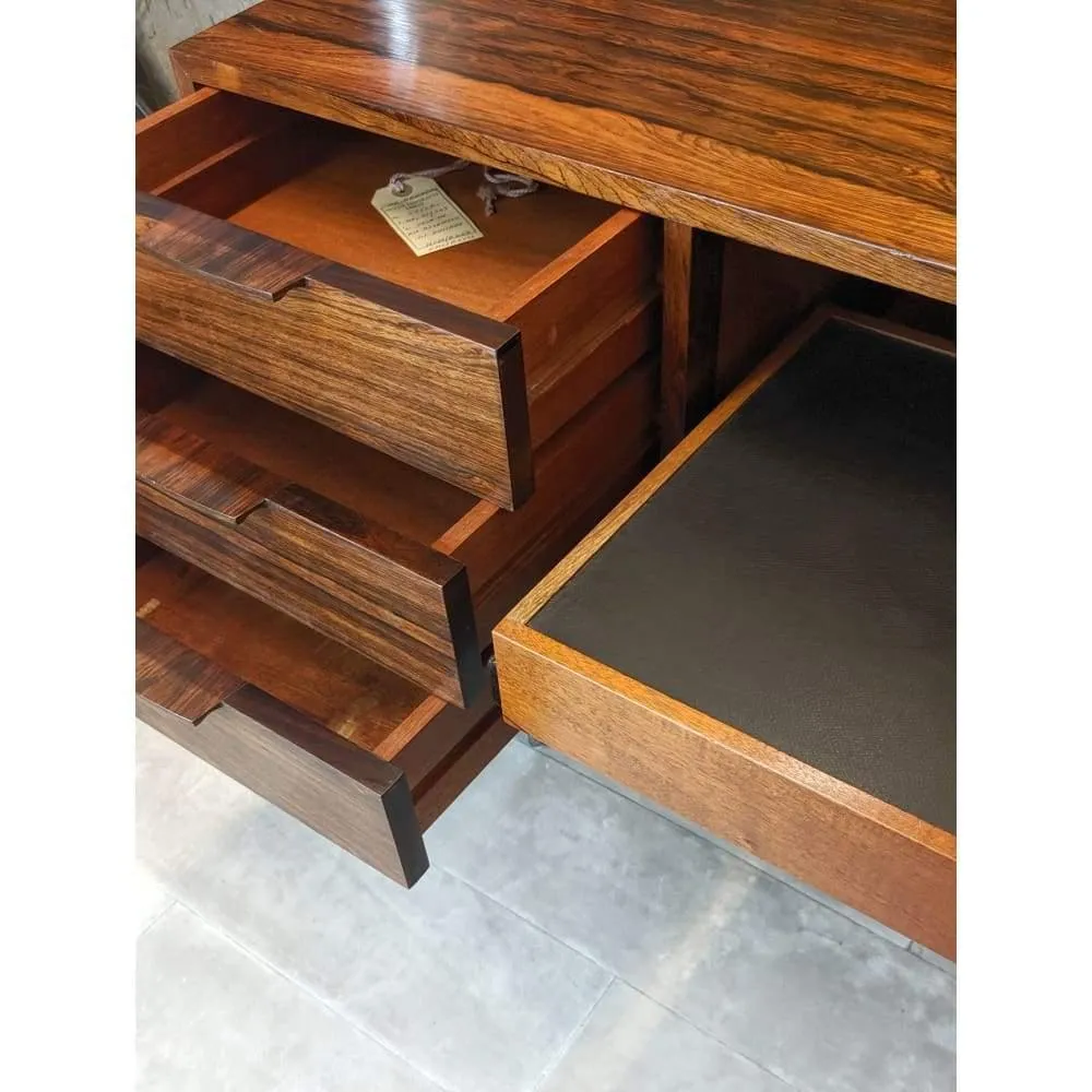 Mid Century Heal's Rosewood Desk Credenza  L Shaped Corner Executive Office Desk With Return Chrome Legs By Robert Heal 1960s