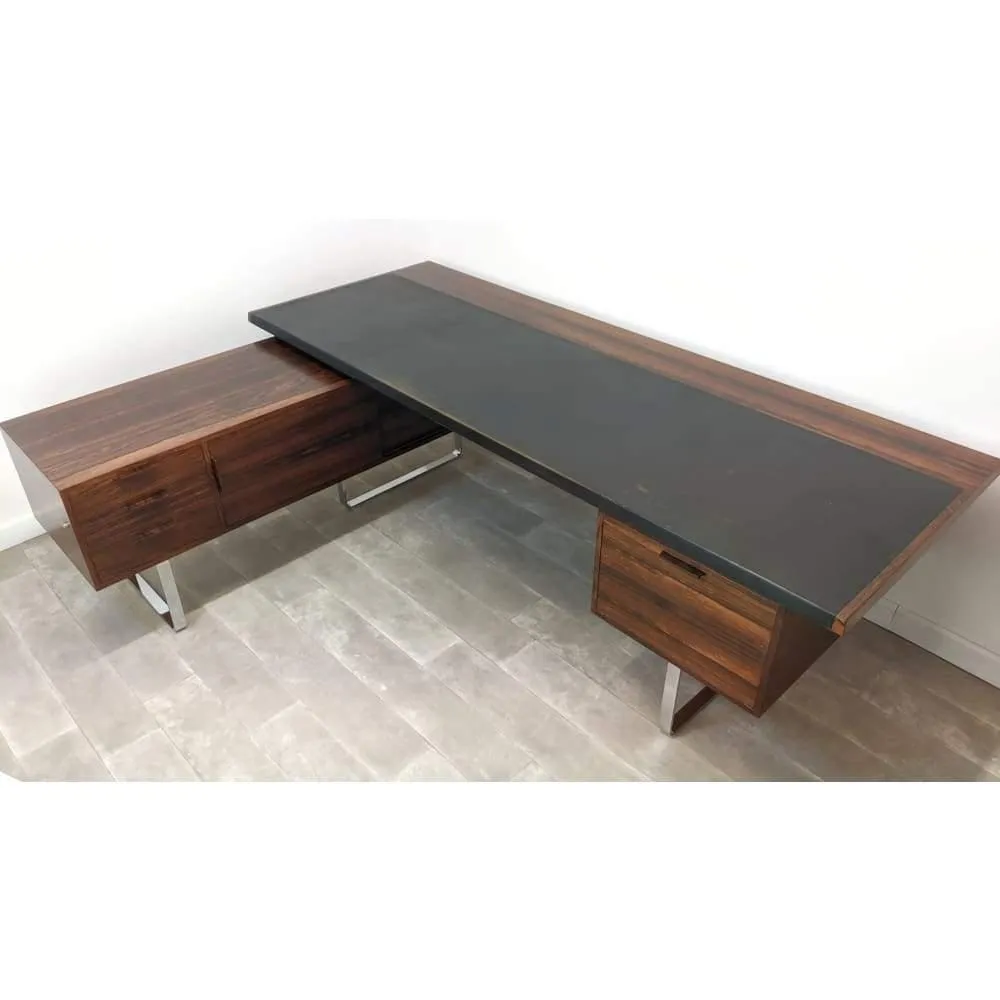 Mid Century Heal's Rosewood Desk Credenza  L Shaped Corner Executive Office Desk With Return Chrome Legs By Robert Heal 1960s