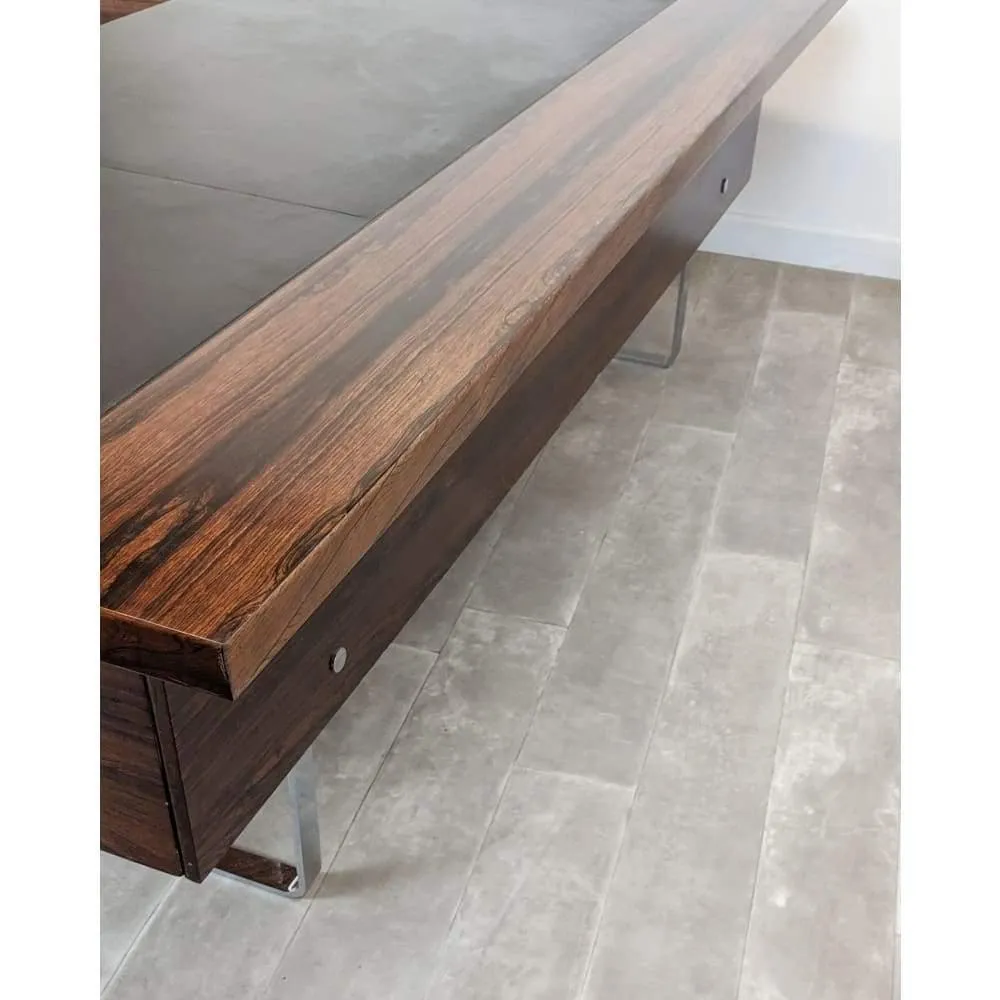 Mid Century Heal's Rosewood Desk Credenza  L Shaped Corner Executive Office Desk With Return Chrome Legs By Robert Heal 1960s