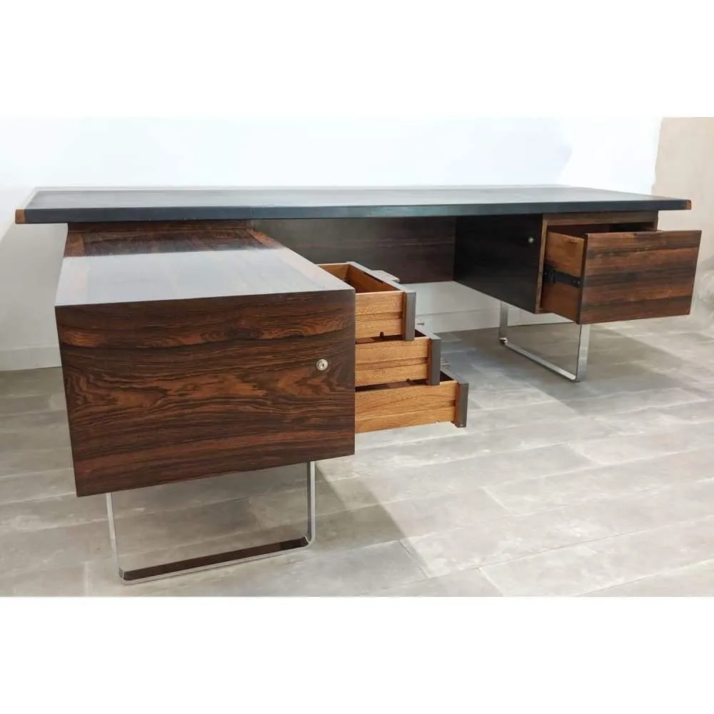 Mid Century Heal's Rosewood Desk Credenza  L Shaped Corner Executive Office Desk With Return Chrome Legs By Robert Heal 1960s