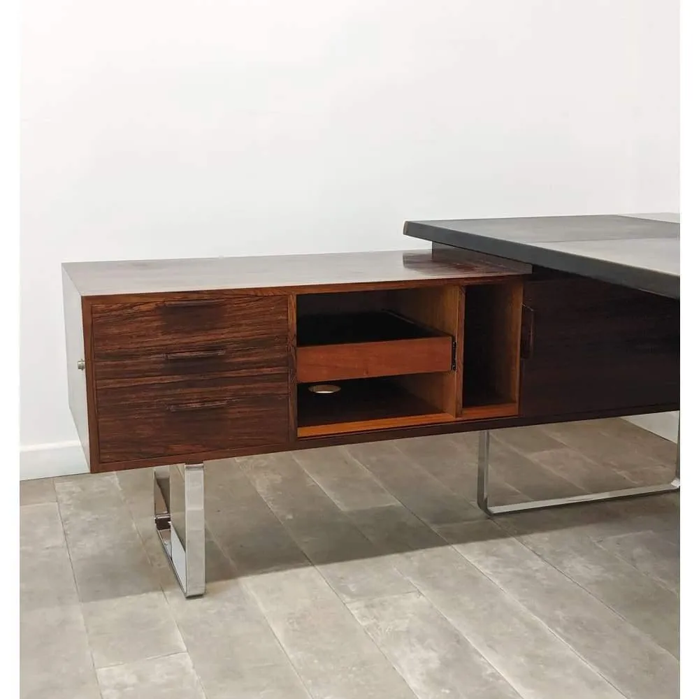 Mid Century Heal's Rosewood Desk Credenza  L Shaped Corner Executive Office Desk With Return Chrome Legs By Robert Heal 1960s