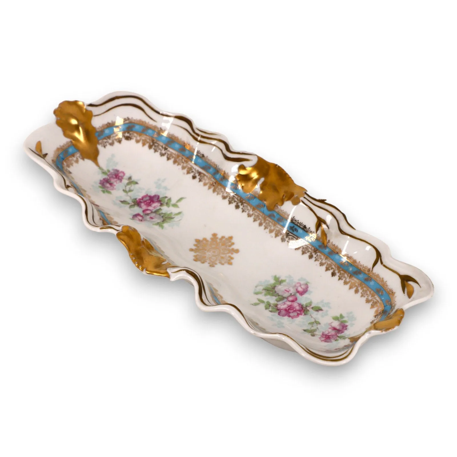 Milton Austria Rectangular Asparagus Dish Blue Gold Lace Floral Antique C 1900