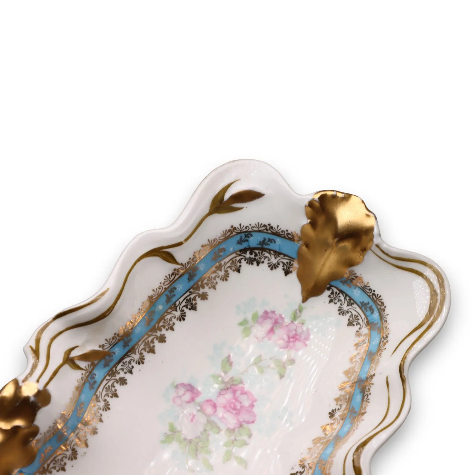 Milton Austria Rectangular Asparagus Dish Blue Gold Lace Floral Antique C 1900