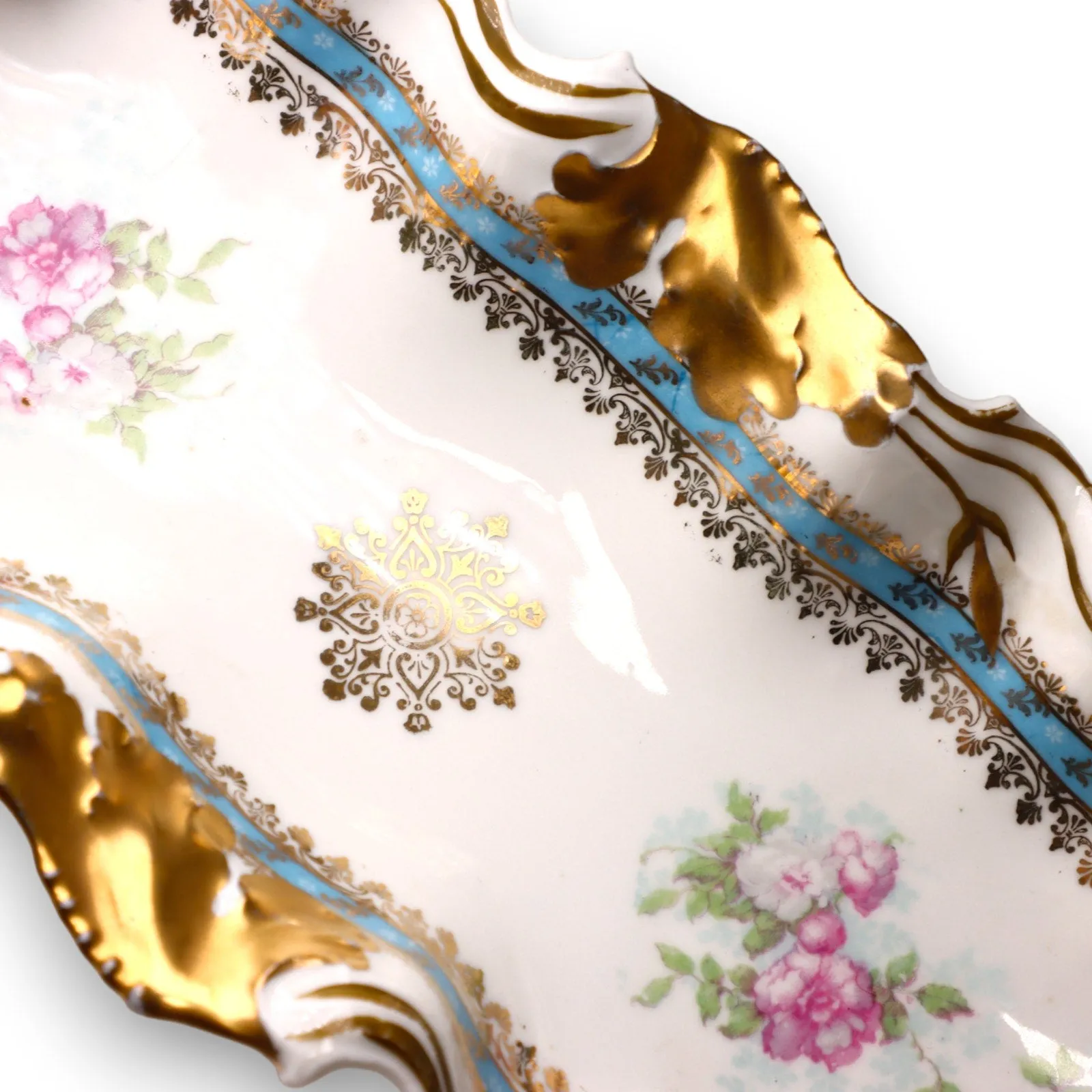 Milton Austria Rectangular Asparagus Dish Blue Gold Lace Floral Antique C 1900
