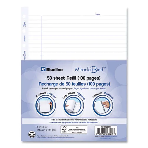 Miraclebind Ruled Paper Refill Sheets For All Miraclebind Notebooks And Planners, 9.25 X 7.25, White/blue Sheets, Undated