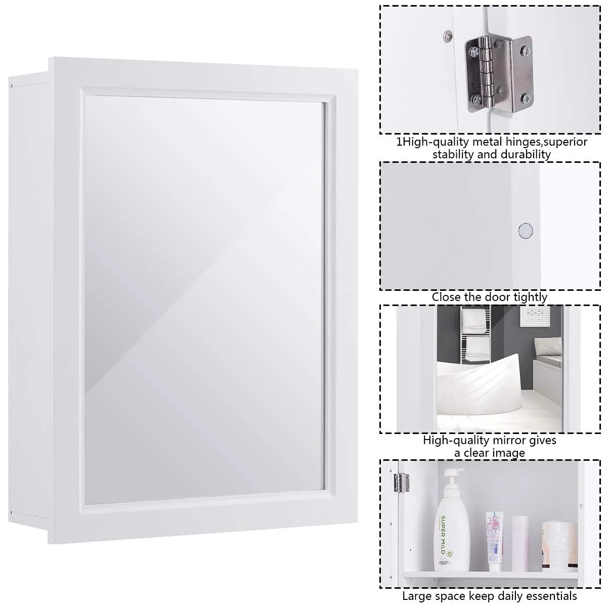 Mirrored Bathroom Cabinet, Wall Mount Storage Organizer, Medicine Cabinet with Single Doors